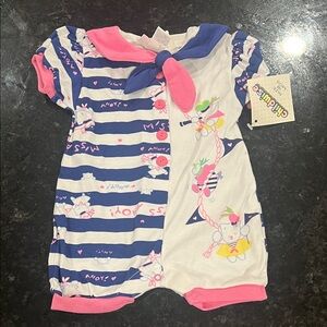 Vintage Blue and White Striped Baby Romper with sailor kittens